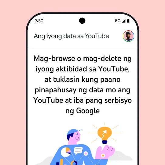 Visual ng screen ng smartphone na nakabukas ang YouTube, na nagpapakita ng mensaheng nagbibigay-kaalaman tungkol sa “Ang iyong data sa YouTube” kasama ang mga detalye sa pag-browse at pag-delete ng history ng aktibidad.
