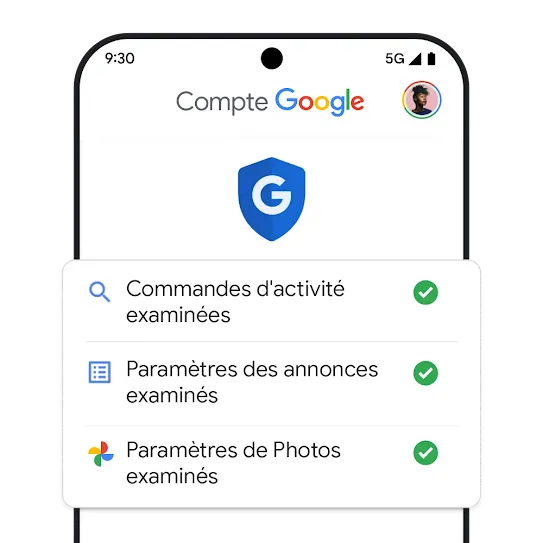 Le menu d'un compte Google sur appareil mobile affichant tous les paramètres examinés.