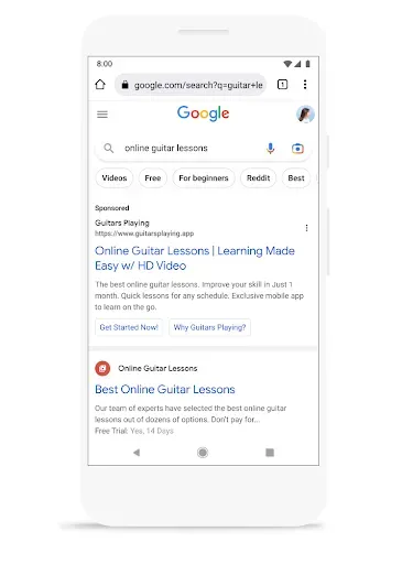 A full-screen view of a mobile Google Search results page showing the distinction between a "Sponsored" ad at the top and an organic search result below it.