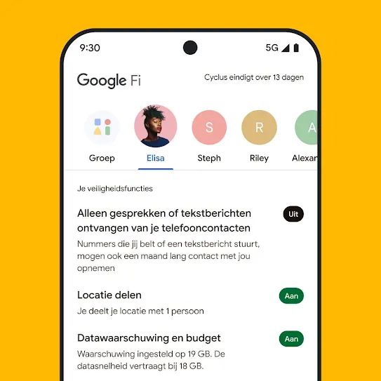 Visuele weergave van een smartphonescherm met Google Fi Wireless geopend. Bovenaan staat een rij contacten en daaronder een lijst met veiligheidsfuncties, waaronder locatie delen en gegevensmeldingen.