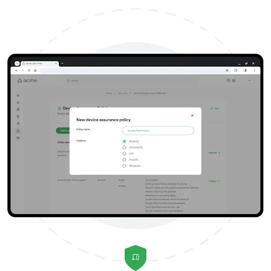 A device is showing a pop up on a webpage with an example of an employee sign-on interface. Behind the device is a grey solid circle and a dashed circle right outside it. One green shield icon with two white devices in the middle is below the device.