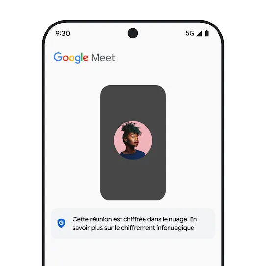 Une image de l'écran d'un téléphone intelligent avec Google Meet ouvert, affichant un message sous la réunion qui fournit des informations sur le chiffrement dans le nuage.