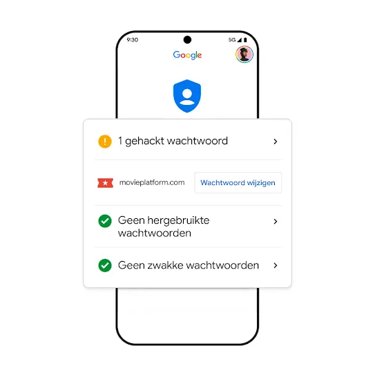 Afbeelding van een Google-telefoon met resultaten van een gehackt wachtwoord.