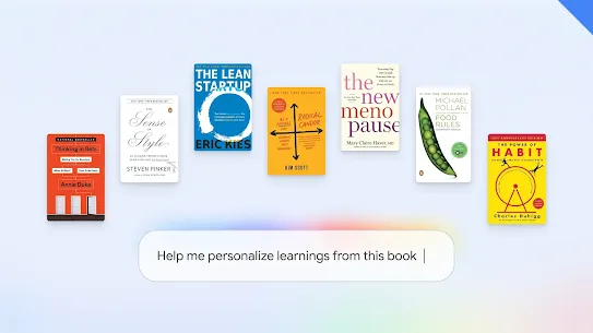 An image displaying seven book covers above a large search box that contains the typed text, "Help me personalize learnings from this book".