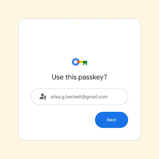 User interface for sign-in prompt asking 'Use this passkey?' and a Next button.