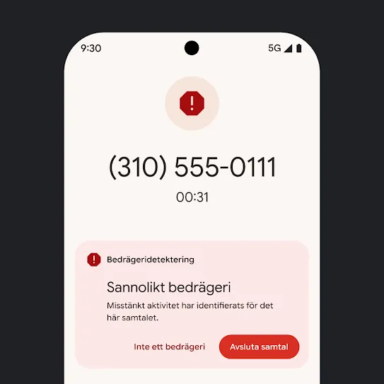 Bild på startskärmen på en Pixel-smartphone som visar en avisering om ett automatiskt avvisat spamsamtal.