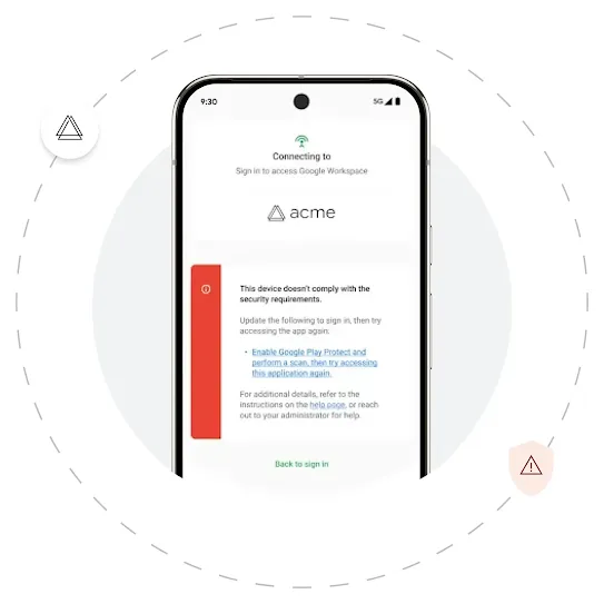 An Android screen shows  an example of a security alert. Behind the phone is a grey solid circle and a dashed circle right outside it. Two security icons are scattered around the dashed circle.