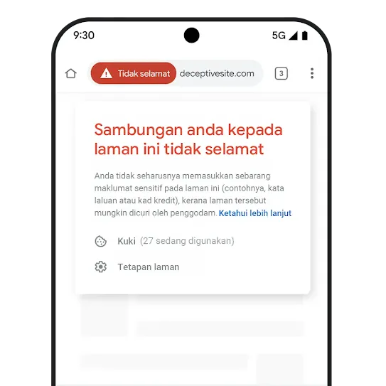 Telefon yang menampilkan pemberitahuan bahawa sambungan adalah tidak selamat.