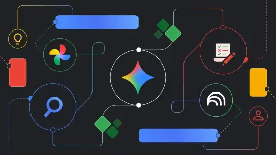 Google product icons with connecting lines and dots