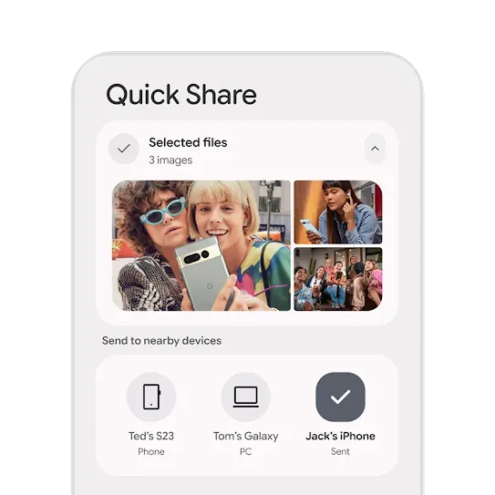 An android interface displays options for using the Quick Share feature. An image gallery appears with photos available for selection. Below, nearby devices appear in bubbles with one selected to share images to.