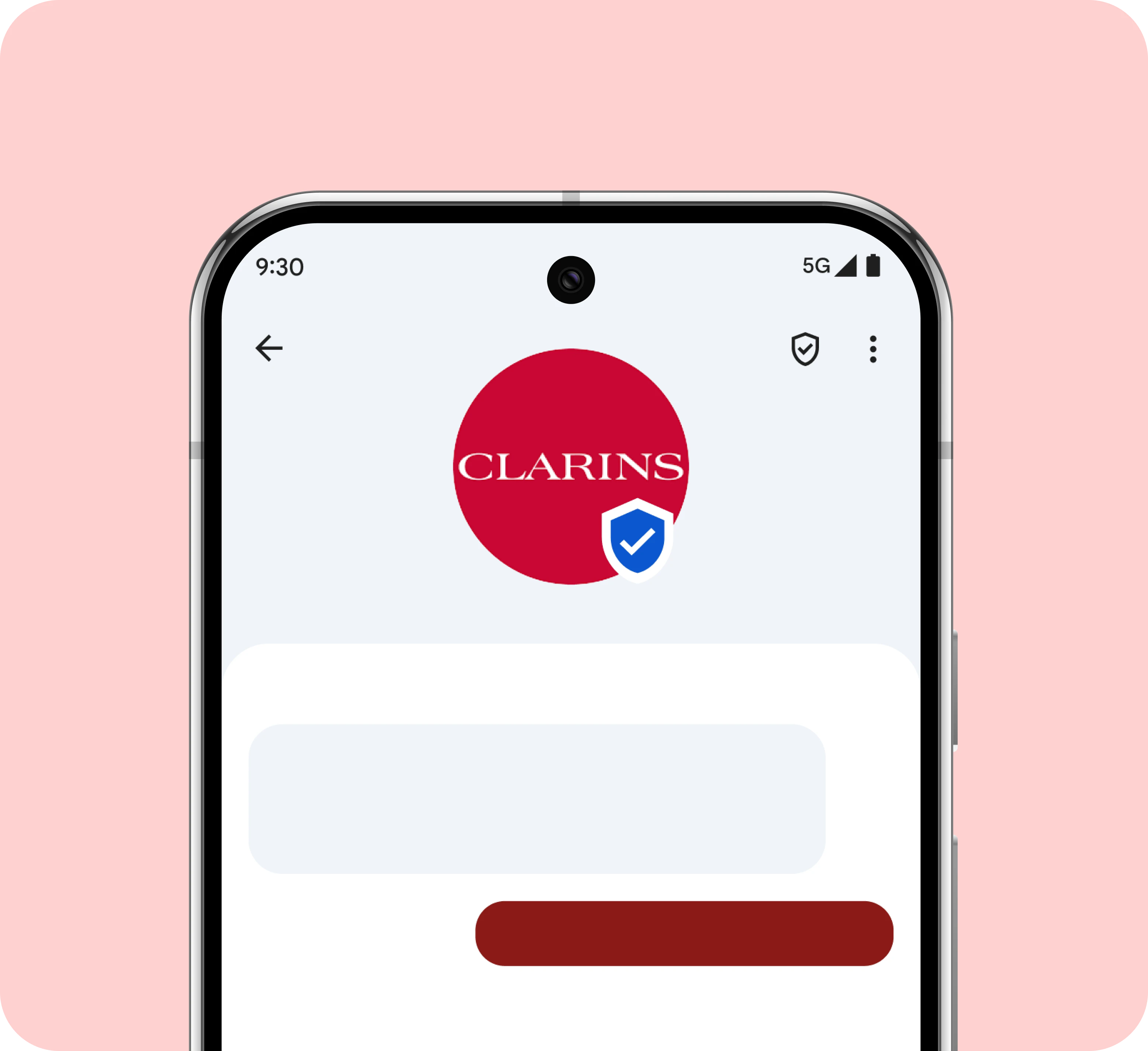 A smartphone screen shows a verified chat with the cosmetics brand Clarins logo and a blue checkmark.