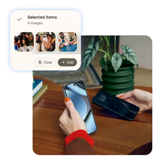 A person holds a smartphone over a desk, and a pop-up layered above shows '4 images' selected for sharing. The pictures are from a party and people taking selfies.