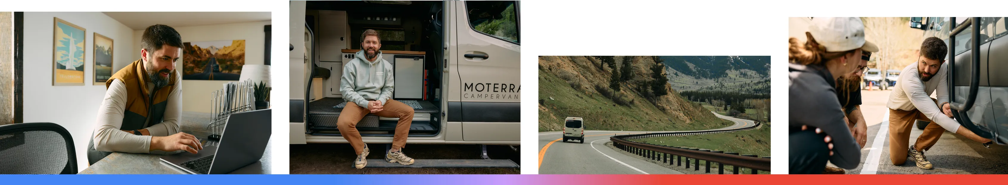 A composite of four images featuring Moterra Campervans in Wyoming, showing a business owner working on a laptop, a portrait of a man with a branded campervan, a van driving through a scenic mountain landscape, and a team performing a vehicle inspection.