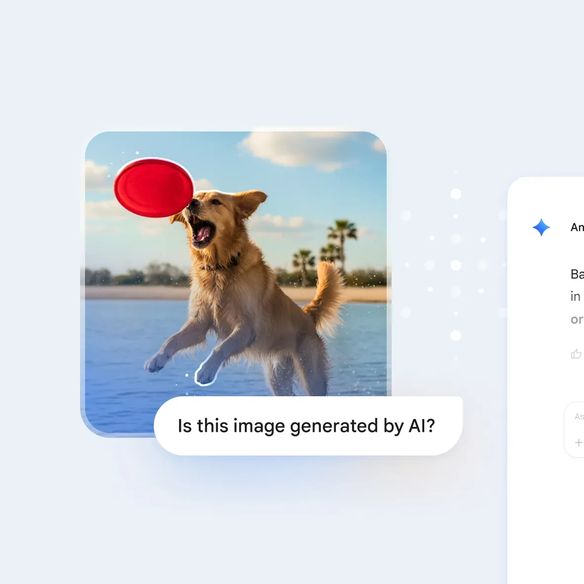 Golden retriever catching frisbee over water. UI overlay shows Google AI watermark detected.