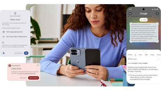 A person sitting at a desk is looking at their Moonstone Pixel 10 Pro Fold. Multiple scam notification pop-ups border the image.