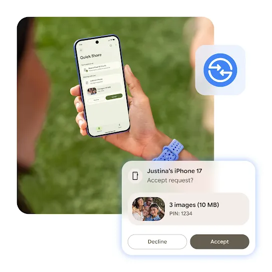Two friends look at a phone with the quick share screen open.