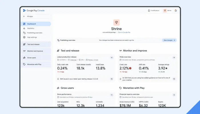 Animated GIF showing the Google Play Console’s release management view, with a focus on the “Manage rollout” menu options, including update and halt rollout actions.