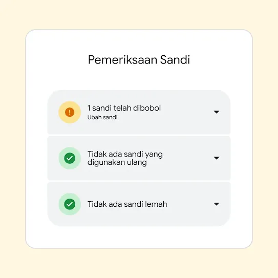 Antarmuka Pemeriksaan Sandi yang menampilkan hasil termasuk “1 sandi yang telah dibobol” dan saran untuk mengubah sandi tersebut.