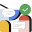 A conceptual vector illustration on a white grid background representing the Secure AI Framework (SAIF). It features colorful, interlocking geometric shapes in blue, red, and yellow. A green circle with a white checkmark sits at the top, and two speech bubbles contain abstract lines of text, symbolizing the integration of security protocols and clear communication in AI development.
