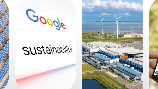 A collage of a landscape, a Google search for sustainability, windmills, and Google Maps