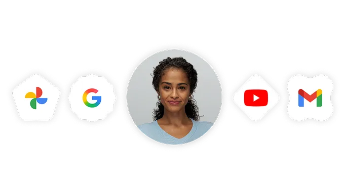 A central circular profile photo of a woman with dark curly hair wearing a light blue shirt. Surrounding her headshot are various Google app icons inside unique white geometric shapes: Google Photos in a pentagon, the Google "G" logo in a scalloped circle, YouTube in a diamond, and Gmail in a rounded x-shape.