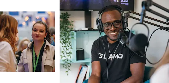 2 women talking with each other, 1 in focus; A man wearing headphones speaking on the mic and smiling