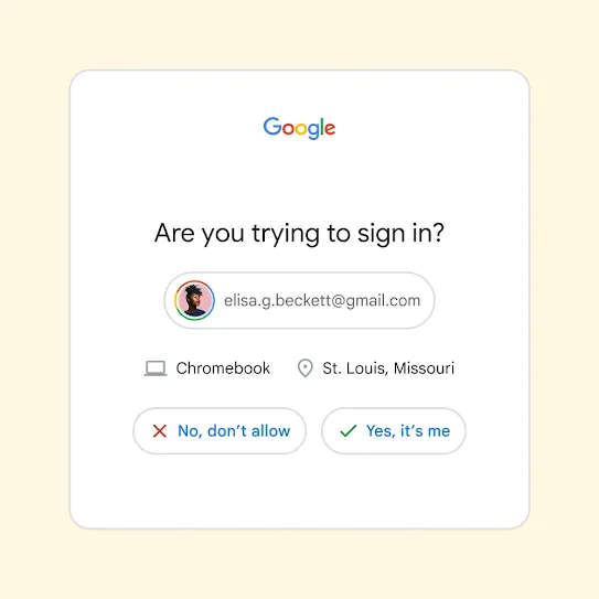 Interface for 2-Step Verification asking “Are you trying to sign in?” with buttons for “No, do not allow” and “Yes, it’s me.”