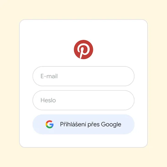 Uživatelské rozhraní pro přihlášení k Pinterestu pomocí Přihlášení přes Google.