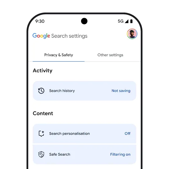 Visual of Google Search settings on smartphone screen, including settings for Search history, Search personalisation, and Safe Search.