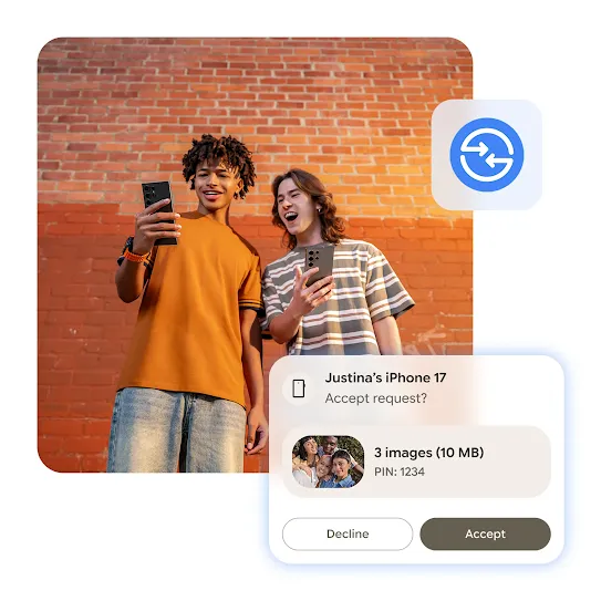 Two friends stand in front of a brick wall, smiling and looking at their smartphones. A notification layered above asking to accept a request from 'Justina's iPhone 17' to share 3 images and the Quick Share icon layered above the image.