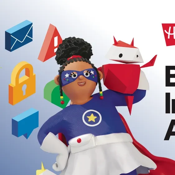 An image of a girl in a superhero costume sits to the left with icons behind.