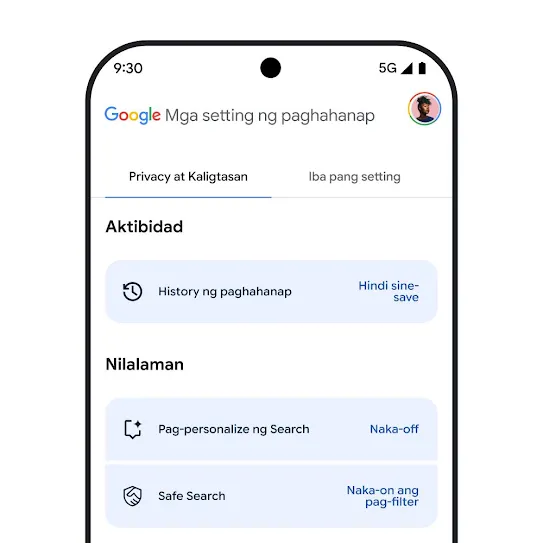 Visual ng mga setting ng Google Search sa screen ng smartphone, kabilang ang mga setting para sa Search history, pag-personalize ng Search, at Safe Search.