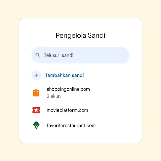 Antarmuka Pengelola Sandi dengan kolom “Telusuri sandi” di atas link “Tambahkan sandi”.