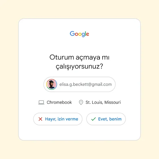 2 Adımlı Doğrulama arayüzünde "Oturum açmaya mı çalışıyorsunuz?" sorusu ve "Hayır, izin verme" ile "Evet, benim" düğmeleri gösteriliyor.
