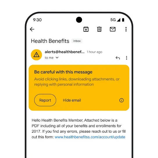 Visual of an email in Gmail on a smartphone screen, showing a security alert for a potential phishing attempt.