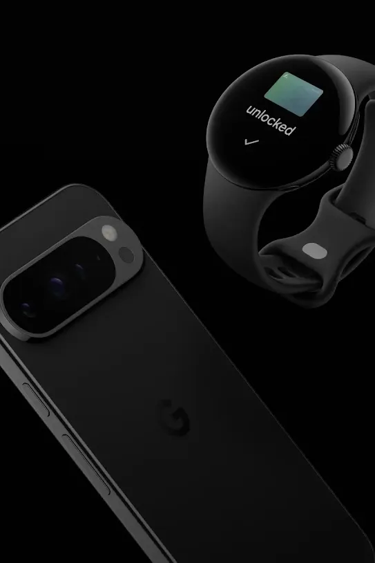 A black Android smart watch and phone float on a black background.