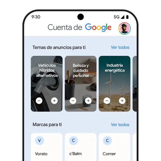 Página de Mi centro de anuncios, con controles para personalizar tu experiencia de anuncios.