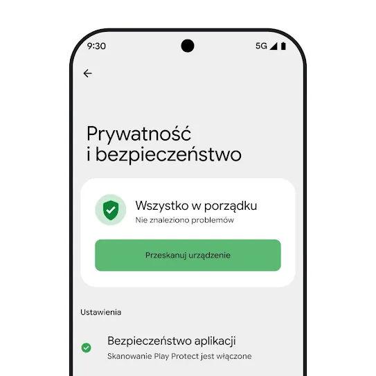 Ilustracja przedstawiająca ekran smartfona z systemem operacyjnym Android, w którym otwarte są ustawienia bezpieczeństwa i prywatności oraz wynik skanowania urządzenia i opcja Bezpieczeństwo aplikacji.