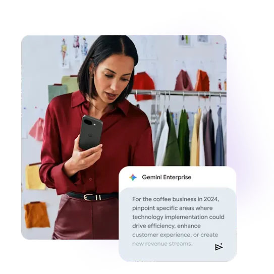 A woman using a smartphone in a clothing store with a Gemini Enterprise panel displaying a business-focused technology analysis prompt.
