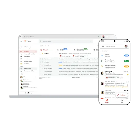 Gmail en un ordenador y un dispositivo móvil.