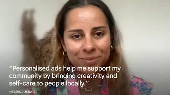A portrait of Nesrine Jebali, Founder of Splashe, wearing a pink patterned top and a necklace. Overlaid white text reads: “Personalised ads help me support my community by bringing creativity and self-care to people locally.” Her name and title, "Founder, Splashe," are visible in the bottom-left corner.