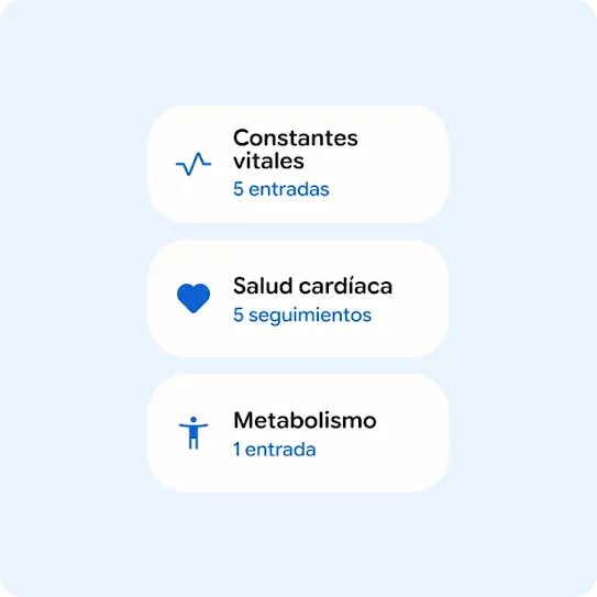 Constantes vitales, 5 entradas. Salud cardiovascular, 5 métricas monitorizadas, Metabólico, 1 entrada