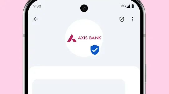 A smartphone screen shows a verified chat with the Axis Bank logo and a blue checkmark.