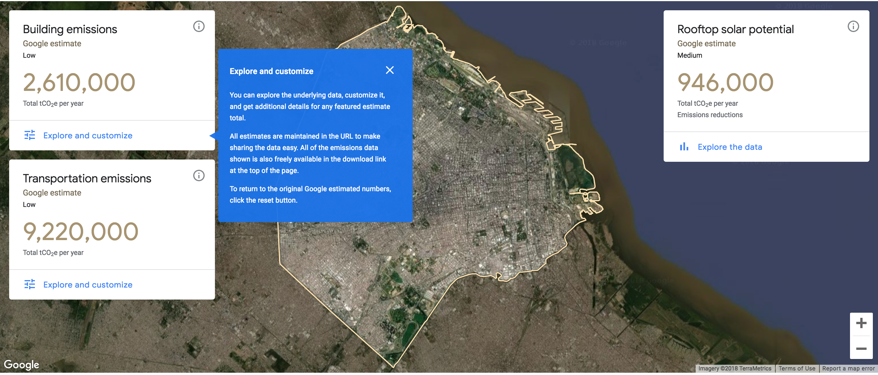EIE’s intuitive interface displays data in five categories, including building emissions, transportation emissions, and rooftop solar potential.