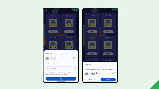 Device screenshot shows a relevant recommendation presented when purchasing in the Play store