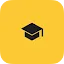 A black graduation cap (mortarboard) icon centered on a vibrant yellow square background with rounded corners. This icon represents AI training and career tools for students under the Grow with Google program.