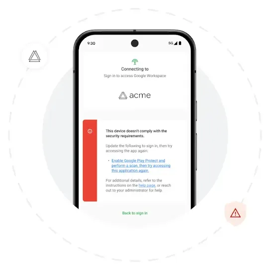 An Android screen shows  an example of a security alert. Behind the phone is a grey solid circle and a dashed circle right outside it. Two security icons are scattered around the dashed circle.