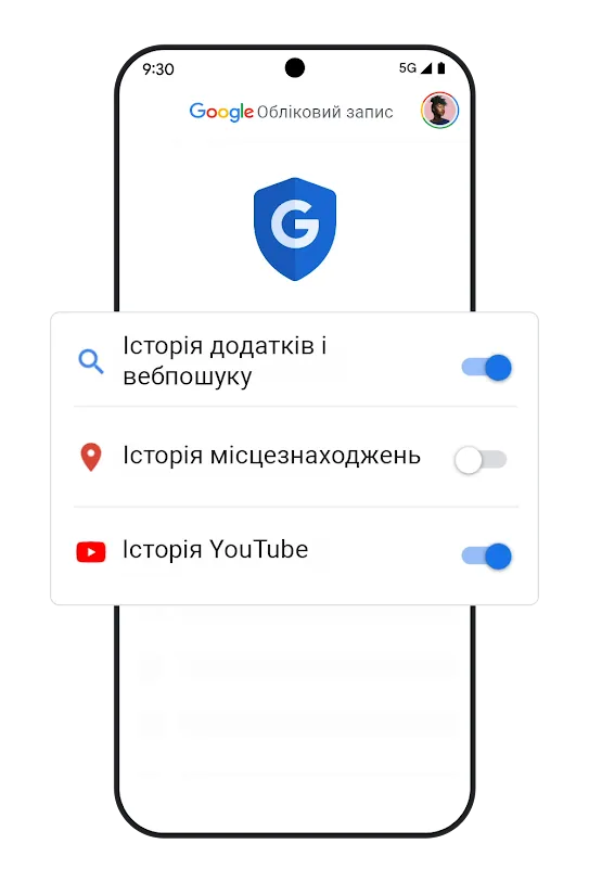 Зображення телефона з перемикачами налаштувань історії на екрані.