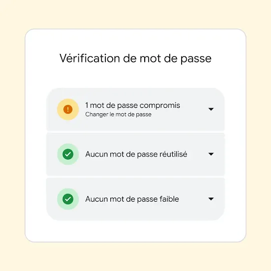 Interface de Vérification de mot de passe affichant les résultats, y compris « 1 mot de passe compromis » et une suggestion de modifier ce mot de passe.