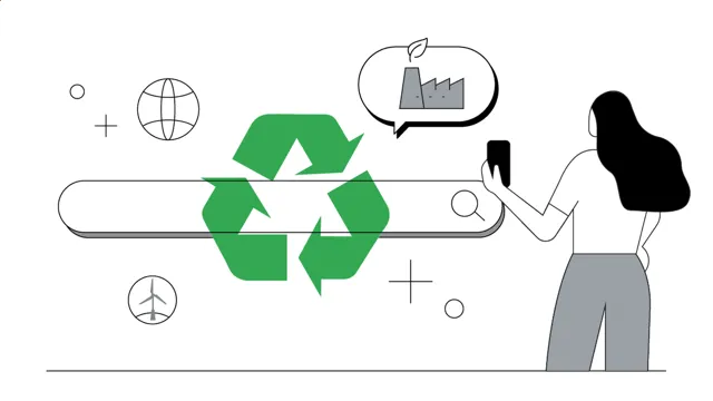 Illustration du symbole vert du recyclage au dessus d'une barre de recherche, une personne se tient à droite et regarde son téléphone portable